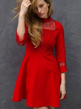 Zara Guipure Lace Panel Minidress Cherry Red 3/4 Sleeve Mod Retro Womens Size M
